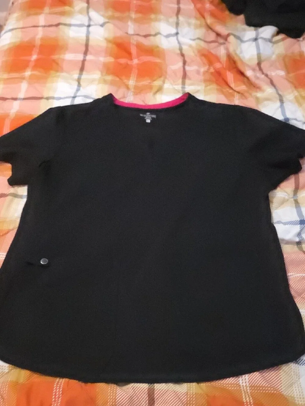 Black V-Neck Women's Top with Pink Trim  And Matching Scrub Bottoms Set